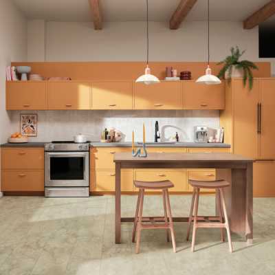 stone look luxury vinyl flooring in modern kitchen with orange cabinetry